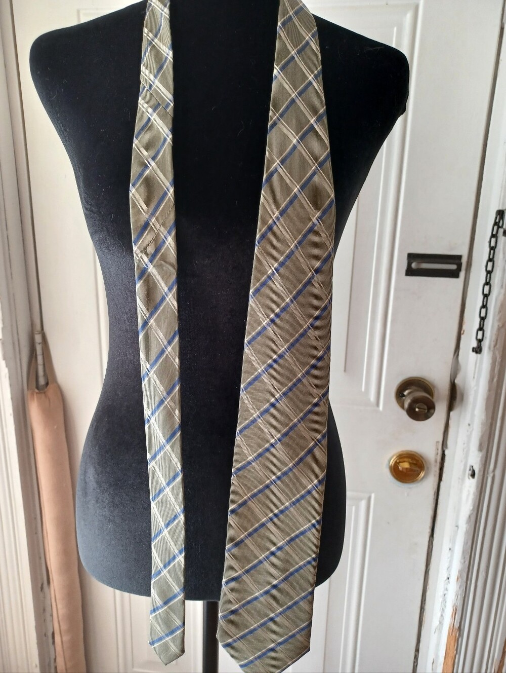 Chaps Olive Plaid Silk Tie with Blue Stripe